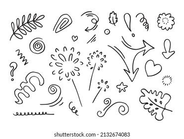 leaves, hearts, abstract, ribbons, arrows and other elements in hand drawn styles for concept designs. Doodle illustration. Vector template for decoration