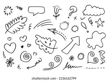 leaves, hearts, abstract, ribbons, arrows and other elements in hand drawn styles for concept designs. Doodle illustration. Vector template for decoration