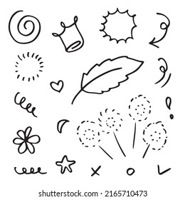 leaves, hearts, abstract, ribbons, arrows and other elements in hand drawn styles for concept designs. Doodle illustration. Vector template for decoration