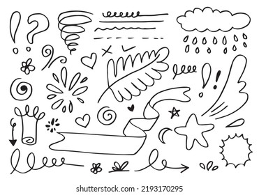 leaves, hearts, abstract, ribbons, arrows and other elements in hand drawn styles for concept designs. Doodle illustration. Vector template for decoration