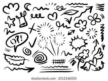 leaves, hearts, abstract, ribbons, arrows and other elements in hand drawn styles for concept designs. Doodle illustration. Vector template for decoration