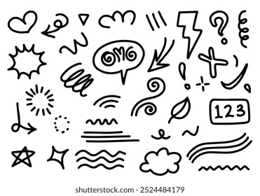 leaves, hearts, abstract, ribbons, arrows and other elements in hand drawn styles for concept designs. Doodle illustration. Vector template for decoration