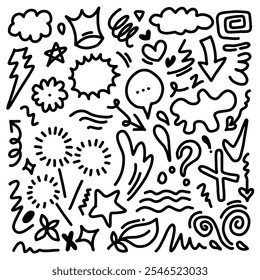 hojas, corazones, abstractos, cintas, flechas y otros Elementos en estilos dibujados a mano para diseños conceptuales. Ilustración de Doodle. Plantilla de Vector para la decoración