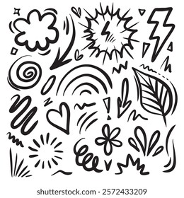 leaves, hearts, abstract, ribbons, arrows and other elements in hand drawn styles for concept designs. Doodle illustration. Vector template for decoration