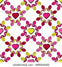 Leaves and hearts drawn in ink. Valentine's Day. Seamless background. Greeting card. Vector illustration for web design or print.