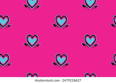 Leaves and hearts seamless Pattern on pink background. Romantic ornament. Chalk drawn sketches hearts and Leaves repeat print. Continuous background of hand drawn hearts.