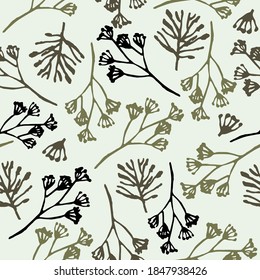 Leaves and herbs freehand vector seamless pattern. Branches and leaves of natural flowers on a light green background. Hand drawn illustration of plants. Textile, wallpaper, wrapping paper design idea