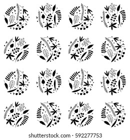 Leaves and herbs in rounds seamless pattern.Hand drawn vector black and white illustrations. Cartoon doodle.Background, wallpaper.Colouring page.Texture for web,print, fabric. Herbarium. Colouring page.