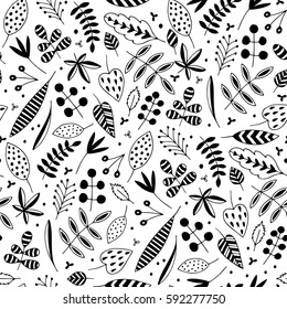 Leaves and herbs seamless pattern. Hand drawn vector black and white illustrations. Cartoon doodle. Background, wallpaper. Colouring page. Texture for web, print, fabric. Herbarium. Colouring page.