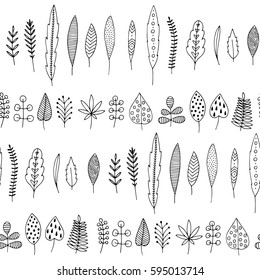 Leaves and herbs seamless pattern. Hand drawn vector black and white illustrations. Cartoon doodle. Background, wallpaper. Colouring page. Texture for web, print, fabric. Herbarium. Colouring page.