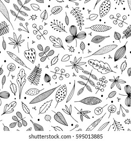 Leaves and herbs seamless pattern. Hand drawn vector black and white illustrations. Cartoon doodle. Background, wallpaper. Colouring page. Texture for web, print, fabric. Herbarium. Colouring page.