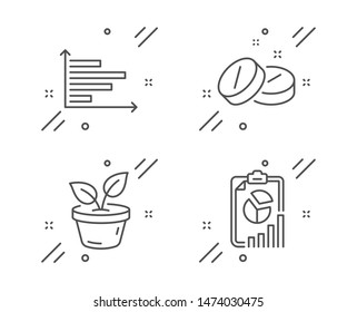 Leaves, Horizontal chart and Medical tablet line icons set. Report sign. Grow plant, Presentation graph, Medicine pill. Presentation chart. Business set. Line leaves outline icon. Vector