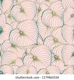 The leaves hosta are randomly placed. Seamless vector texture of the leaves of the plant hosts. For printing on paper and fabric. Print in a hand-made style on a pink background