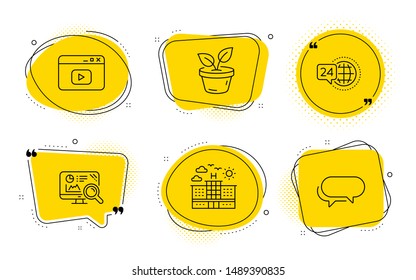 Leaves, Hotel and Messenger signs. Chat bubbles. Seo analytics, Video content and 24h service line icons set. Statistics, Browser window, Call support. Grow plant. Business set. Vector