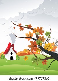 leaves with a house in the landscape behind vector