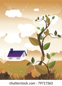 leaves with a house in the landscape behind vector