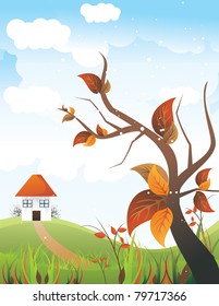 leaves with a house in the landscape behind vector