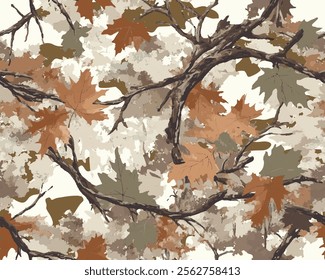 Leaves hunting camouflage pattern. Forest camouflage. Tree branches, leaves, acorns, Christmas trees. Pattern for clothing, various products.