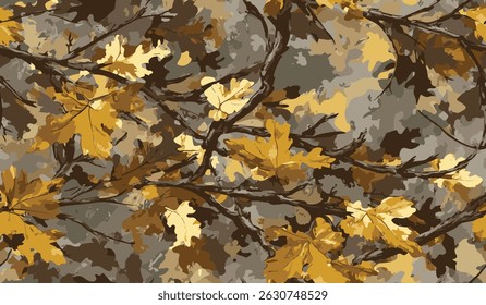 Leaves hunting camouflage pattern. Forest camouflage. Tree branches, leaves, tree pattern. Vector pattern for clothing, various products. Digital camouflage background. Forest texture