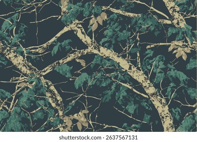 Leaves hunting camouflage pattern. Forest camouflage. Tree branches, leaves, acorns, Christmas trees. Pattern for clothing.Camouflage pattern designed for use in the woods.