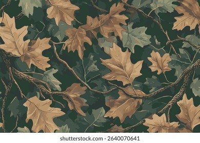 Leaves hunting camouflage pattern. Forest camouflage. Tree branches, leaves, acorns, Christmas trees. Pattern for clothing, various products.