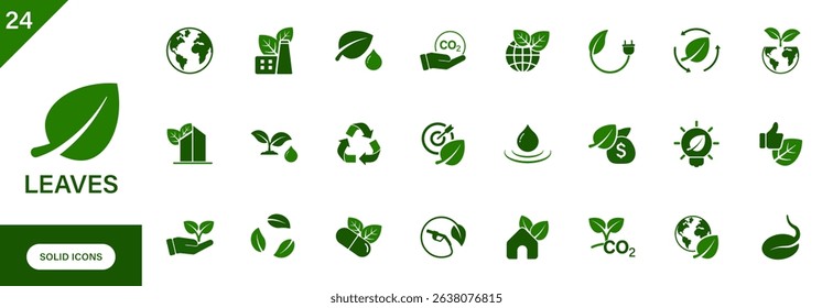 Leaves icon. Containing tree, plant, nature, ecology, environment, recycle, green city, green goal, earth. Solid vector icons collection.
