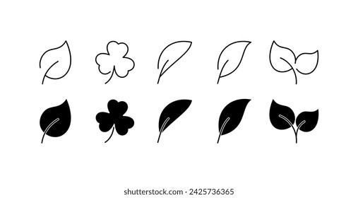 Leaves icon set. Set of leaves. Linear and silhouette style. Vector icons