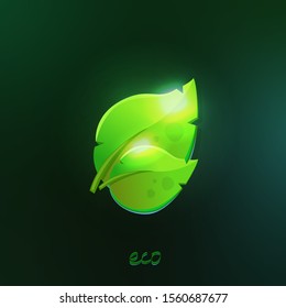 Leaves icon vector  on dark gradient  background. Green shiny leaves for your design, banners, logo, cards, prints. Elements for eco and bio logos. Vector leaf.