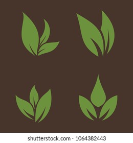 Leaves icon vector set isolated on black background. Various shapes of green leaves of trees and plants. Elements for eco and bio logos.