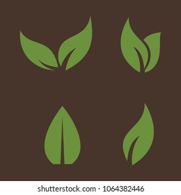Leaves icon vector set isolated on black background. Various shapes of green leaves of trees and plants. Elements for eco and bio logos.