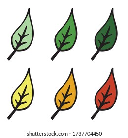 Deja el vector de icono aislado en el fondo blanco. Elementos para los ecotipos y los biotipos. Hojas verdes, amarillas y anaranjadas