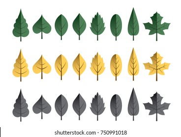 Leaves icon vector set isolated on white background. Various shapes of green leaves of trees and plants. Elements for eco and bio logos.
