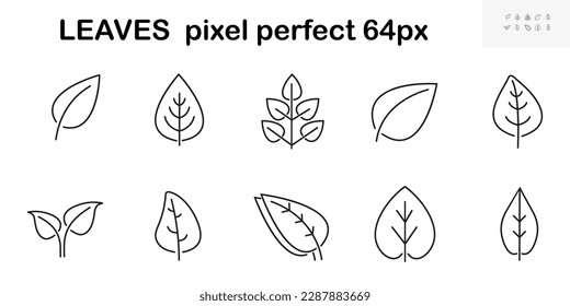 Leaves icons in line style. Branches with leaf. Botanical line contemporary elements. 
Trendy contour symbols for mobile apps and websiteб UIUX design. 64 pixel perfect icon.