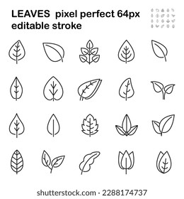 Leaves icons in line style. Branches with leaf. Botanical line contemporary elements. 
Trendy contour symbols for mobile apps and websiteб UIUX design. 64 pixel perfect icon.