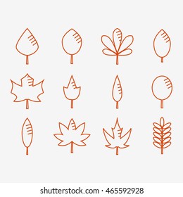Leaves icons on background. Autumn leaves set. Flat line style vector illustration. 
