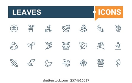 Leaves icons set in linear style. Contains related to branch, spa, nature, sprout, vegan, garden, care, green. Thin UI icon design. Editable vector stroke.
