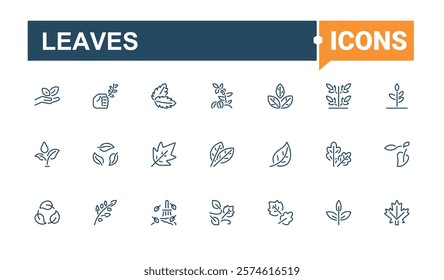 Leaves icons set in linear style. Contains related to branch, spa, nature, sprout, vegan, garden, care, green. Thin UI icon design. Editable vector stroke.