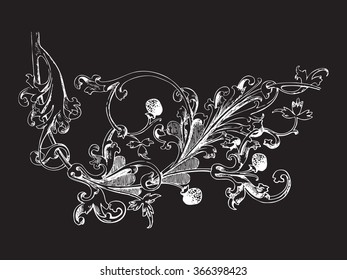 leaves isolated decoration print berry natural floral white curl seasonal vector botanical crayon summer graphic blossom bloom drawing black revival hatched strokes illustration flora ornamental twig