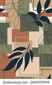 Leaves with isolated geometric background. Abstract leaf seamless pattern illustration vector. Background with rectangles. Pattern for fashion, wallpaper, interior design, decor, fabrics, textile etc.