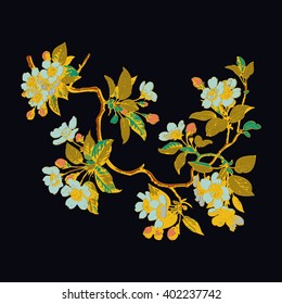 Leaves isolated tree wallpaper bud print berry oriental floral black spring chinese flower vector tender botanical summer east blossom drawing card traditional cute strokes illustration cherry painted