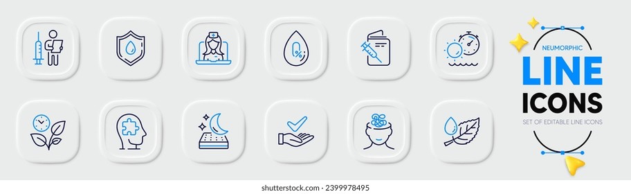 Hojas, rocío de hojas y iconos de la línea del enigma mental para la aplicación web. Paquete de tiempo de curtido, Colchón, íconos del pictograma de donación de sangre. Telemedicina, pasaporte de vacunación, signos de ansiedad. Vector