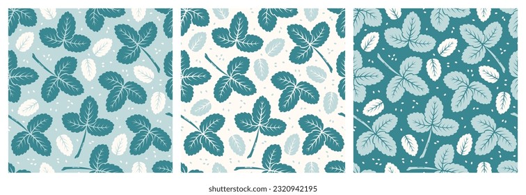 Leaves. Leaf of Strawberry. Vector Set of Summer Floral Seamless Patterns. Great for Textile, Wrapping Paper, Packaging etc.