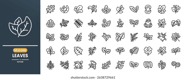 Leaves and leaf vector line icon set. Contains linear outline icons like Plant, Nature, Environment, Ecology, Palm, Maple, Tropical, Flora. Editable use and stroke.