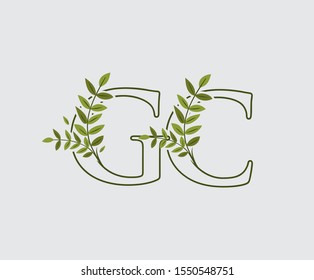 Leaves Letter G, C and GC Green Vintage Floral Logo Icon, overlapping monogram logo. Simple Swirl Green Leaves Letter Logo Icon.