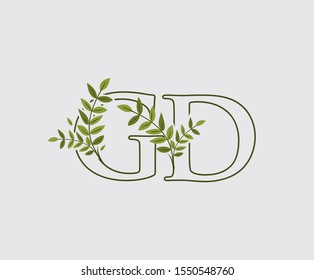 Leaves Letter G, D and GD Green Vintage Floral Logo Icon, overlapping monogram logo. Simple Swirl Green Leaves Letter Logo Icon.