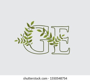 Leaves Letter G, E and GE Green Vintage Floral Logo Icon, overlapping monogram logo. Simple Swirl Green Leaves Letter Logo Icon.