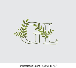 Leaves Letter G, L and GL Green Vintage Floral Logo Icon, overlapping monogram logo. Simple Swirl Green Leaves Letter Logo Icon.