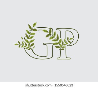 Leaves Letter G, P and GP Green Vintage Floral Logo Icon, overlapping monogram logo. Simple Swirl Green Leaves Letter Logo Icon.