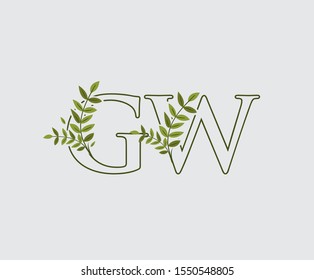 Leaves Letter G, W and GW Green Vintage Floral Logo Icon, overlapping monogram logo. Simple Swirl Green Leaves Letter Logo Icon.