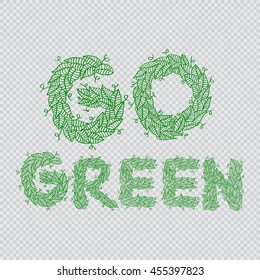 Leaves letters forming "Go Green". Hand drawing illustration.  